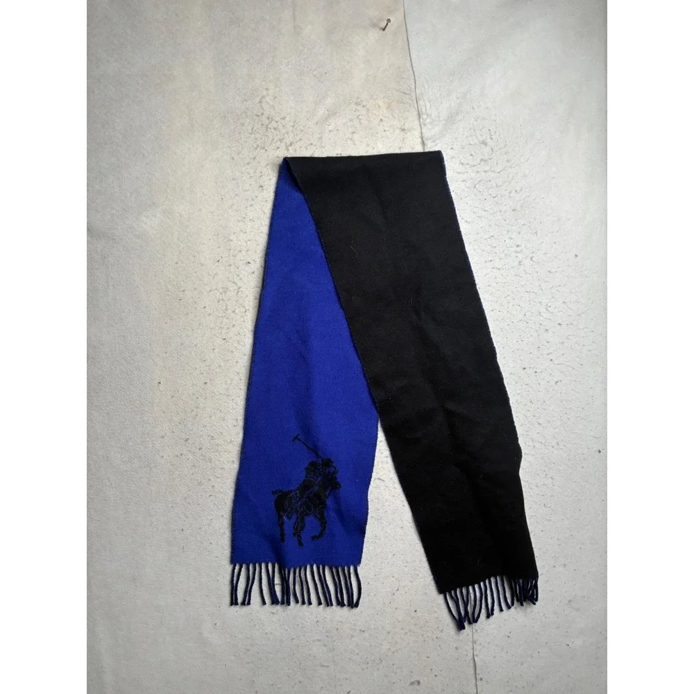 Polo Ralph Lauren Reversible Scarf Black Royal Blue Big Pony Lambswool Italy